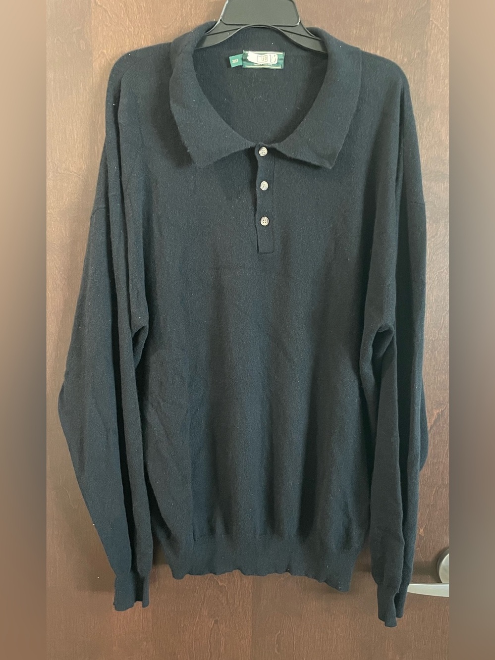Greenwich Mens  Black Cashmere Long-Sleeve Polo Sweater with Button Placket 2XLT